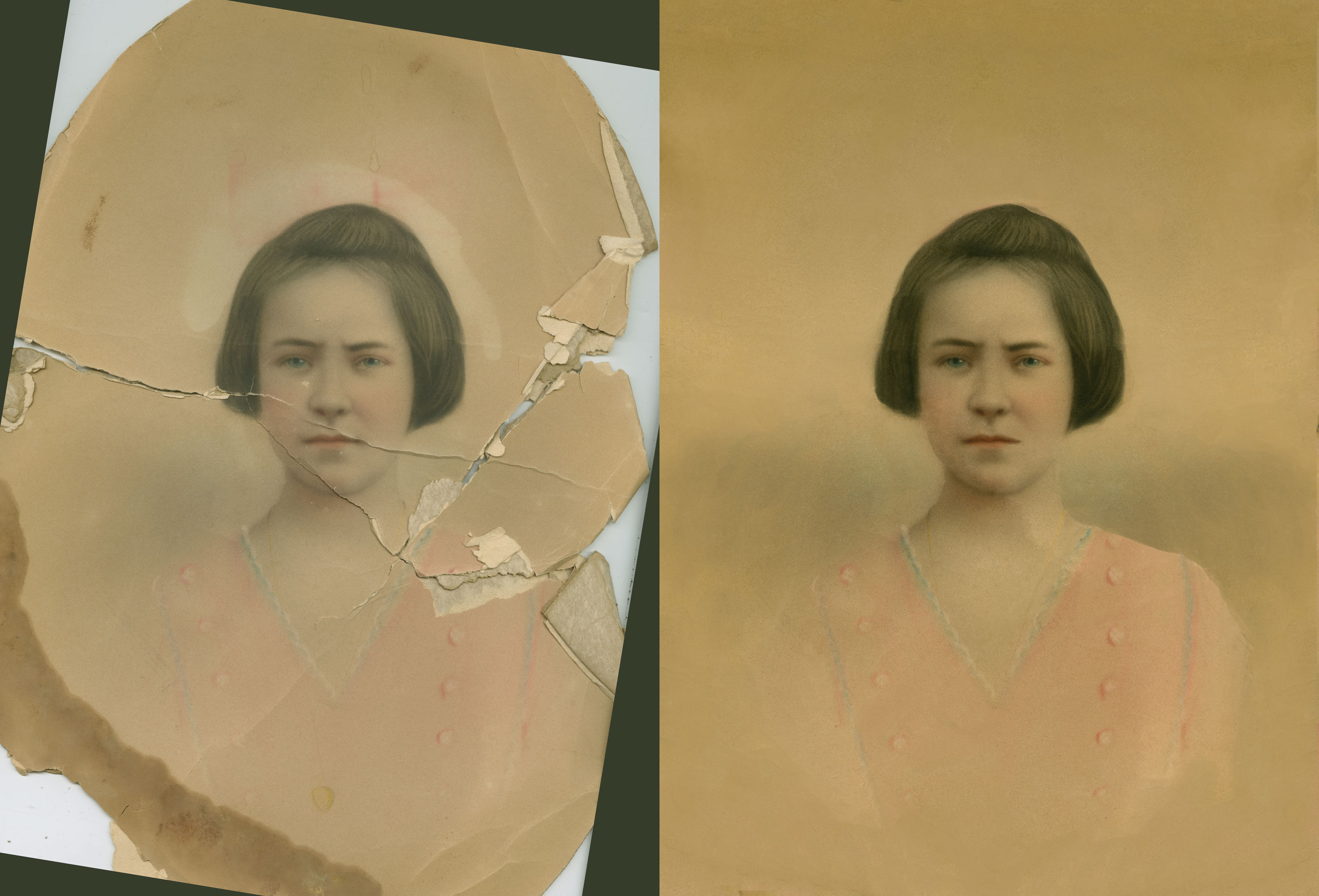 Before and after of a torn photo restoration